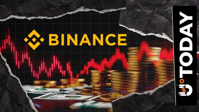 Binance-Logo im Hintergrund mit roten Warnhinweisen und einer physischen Bitcoin-Münze im Vordergrund