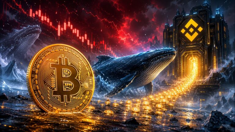 Ein fallender roter Kurs-Chart mit einer physischen Bitcoin-Münze und dem Binance-Logo im Hintergrund.