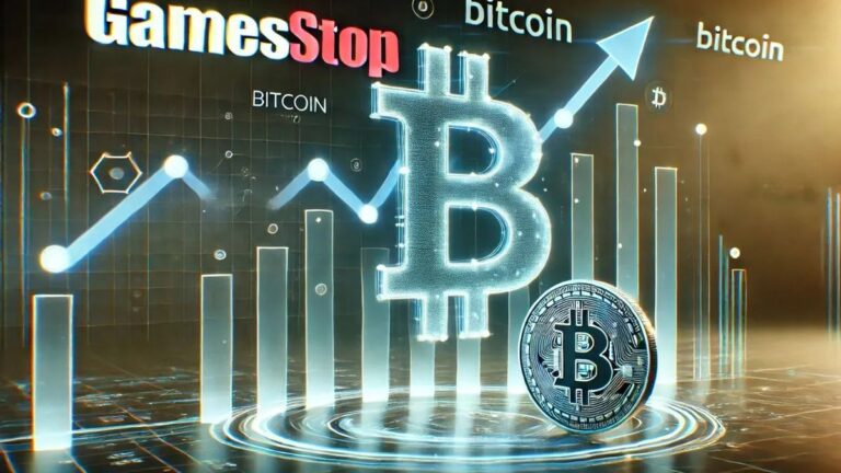Physische Bitcoin-Münze auf Dokumenten der SEC neben einem GameStop-Logo.