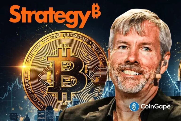 Michael Saylor vor einem Bitcoin-Chart mit orangefarbenen Punkten