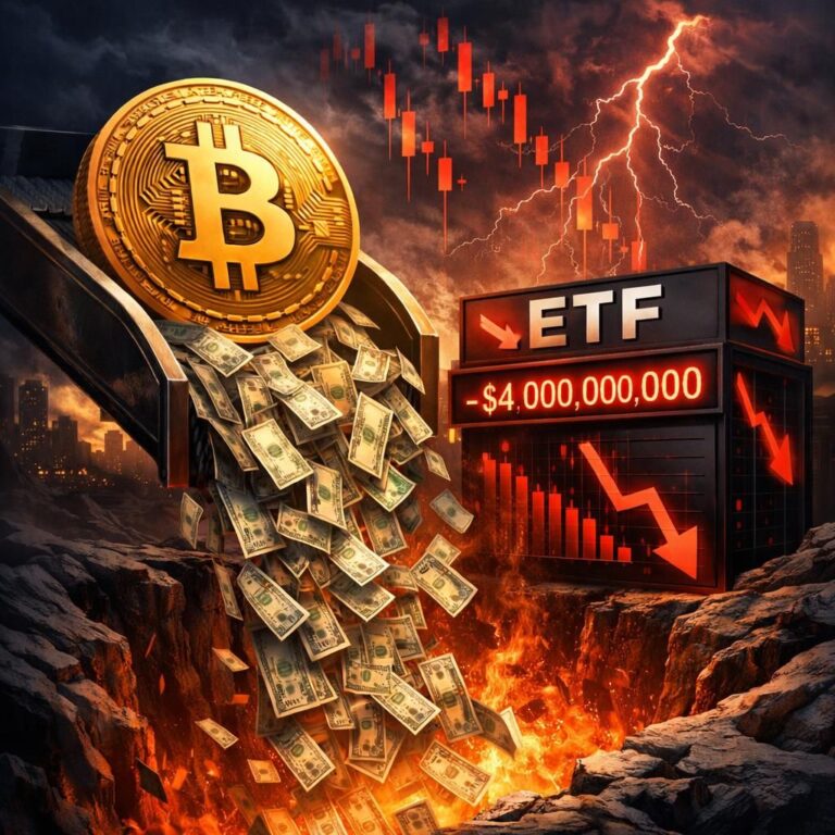 Bitcoin-Münze vor einem Kurs-Chart und dem klassischen Gebäude der Wall Street