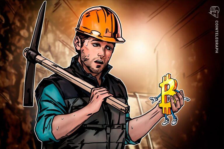 Nahaufnahme von Bitcoin-Münzen neben leuchtenden Server-Racks einer Mining-Farm