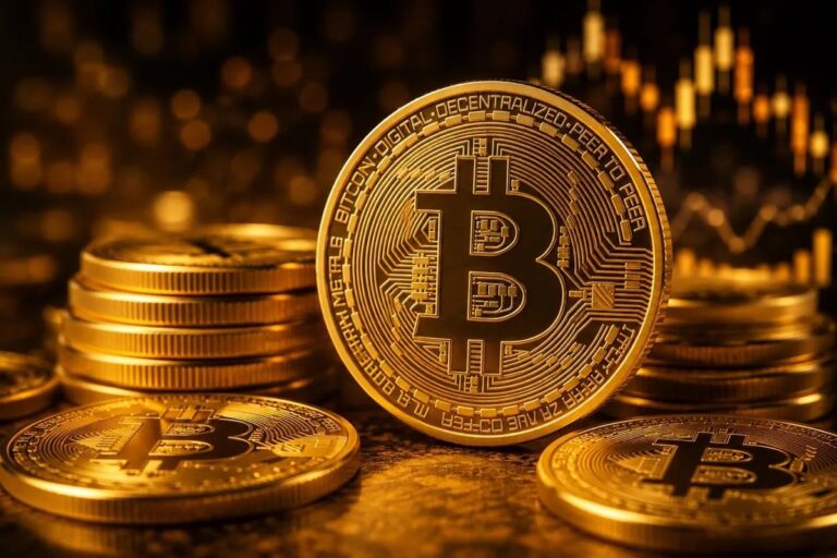 Roter fallender Kurs-Chart neben einer physischen Bitcoin-Münze als Symbol für den Verkaufsdruck