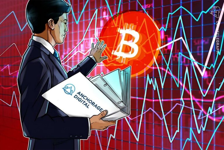 Bitcoin-Münze auf einem Kurs-Chart mit fallenden roten Kerzen