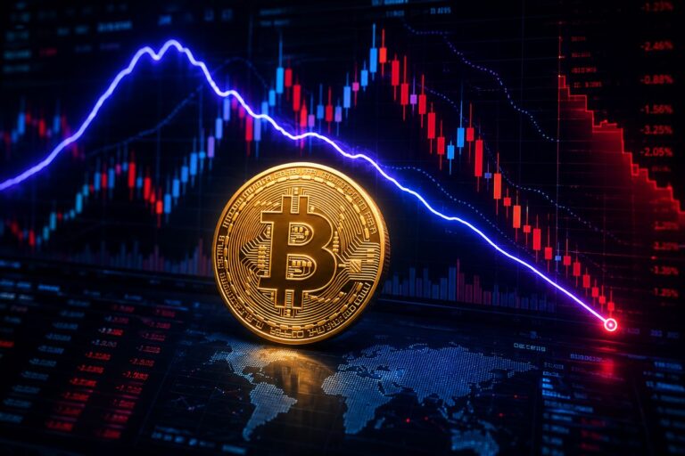 Roter fallender Kurs-Chart im Hintergrund mit einer physischen Bitcoin-Münze im Vordergrund