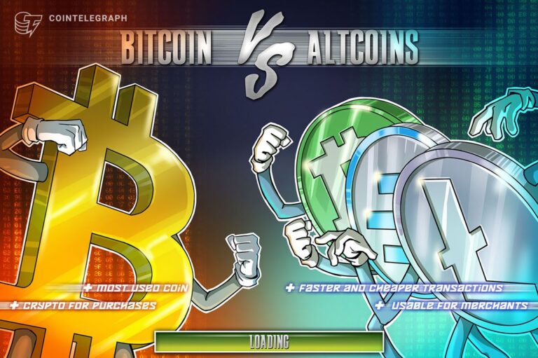 Bitcoin-Münze vor einem roten Kurs-Chart, der den sinkenden Kapitalfluss in kleinere Kryptowährungen symbolisiert