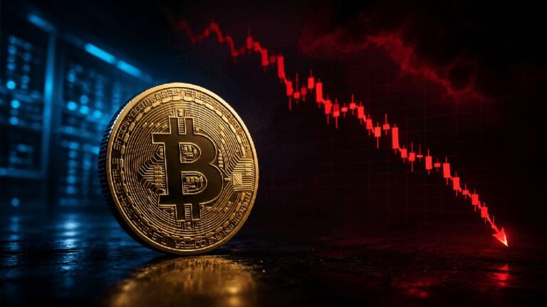 Ein fallender Kurs-Chart neben einer physischen Bitcoin-Münze vor einem düsteren Hintergrund