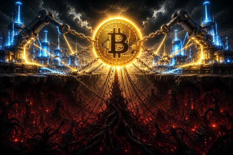Ein fallender roter Kurs-Chart im Hintergrund einer physischen Bitcoin-Münze