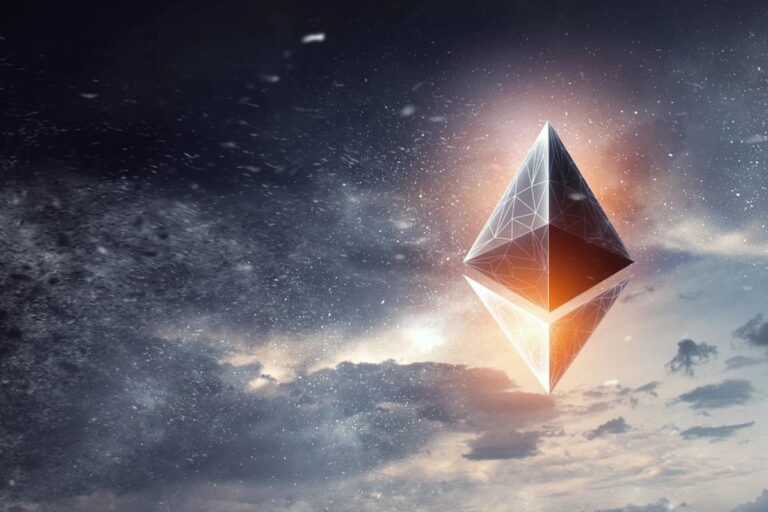 Ethereum-Münze auf einem Server-Rack, das Staking und institutionelle Liquidität symbolisiert.