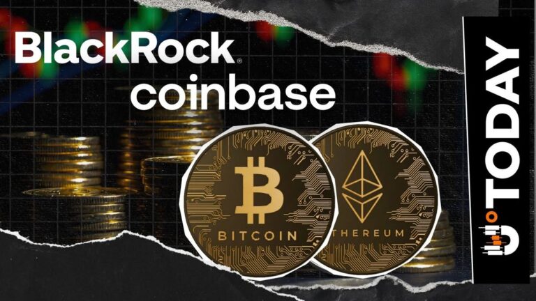 Das Logo von BlackRock vor einem fallenden Kurs-Chart neben Symbolen von Bitcoin und Ethereum