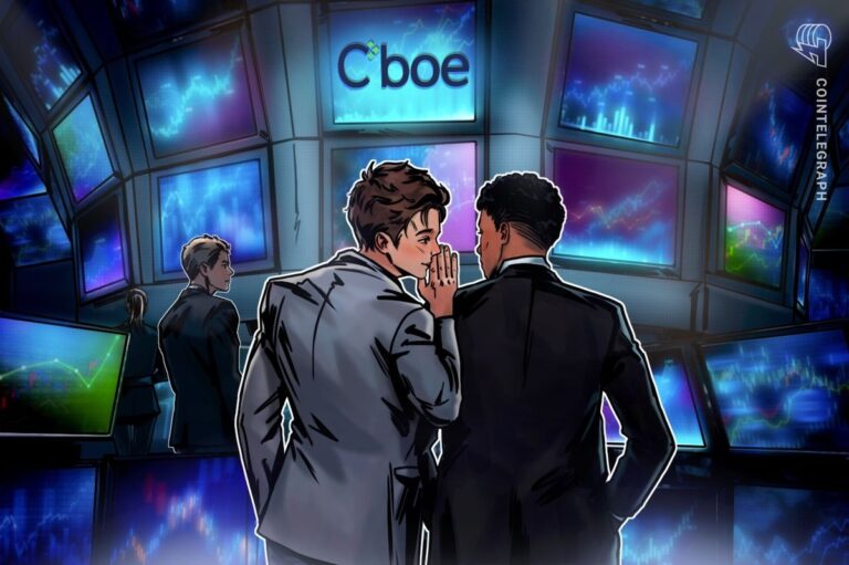Ein Börsen-Chart mit Bitcoin- und Ethereum-Symbolen vor dem Hauptquartier der CBOE