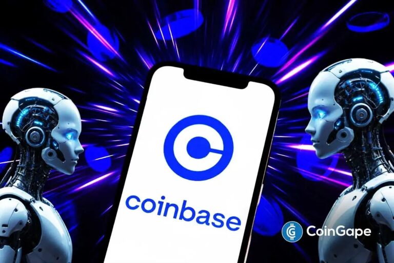 Smartphone mit Coinbase-App neben einem leuchtenden KI-Gehirn und Krypto-Münzen