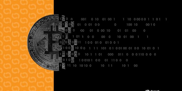 Eine Bitcoin-Münze vor einem futuristischen Quantencomputer-Hintergrund, der technologische Bedrohungen symbolisiert.
