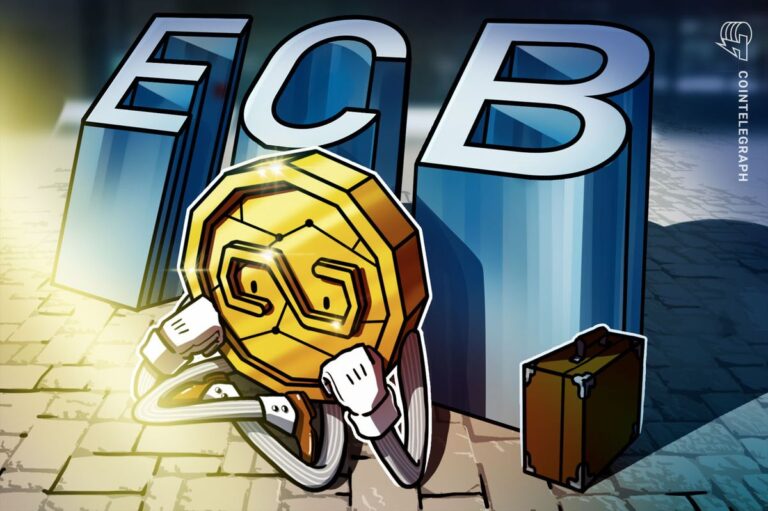Das Gebäude der Europäischen Zentralbank mit einem digitalen Tether-Logo und US-Dollar-Symbolen im Hintergrund