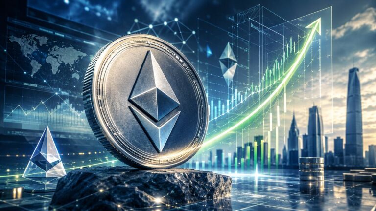 Eine physische Ethereum-Münze vor einem rot gefärbten, stagnierenden Kurs-Chart.