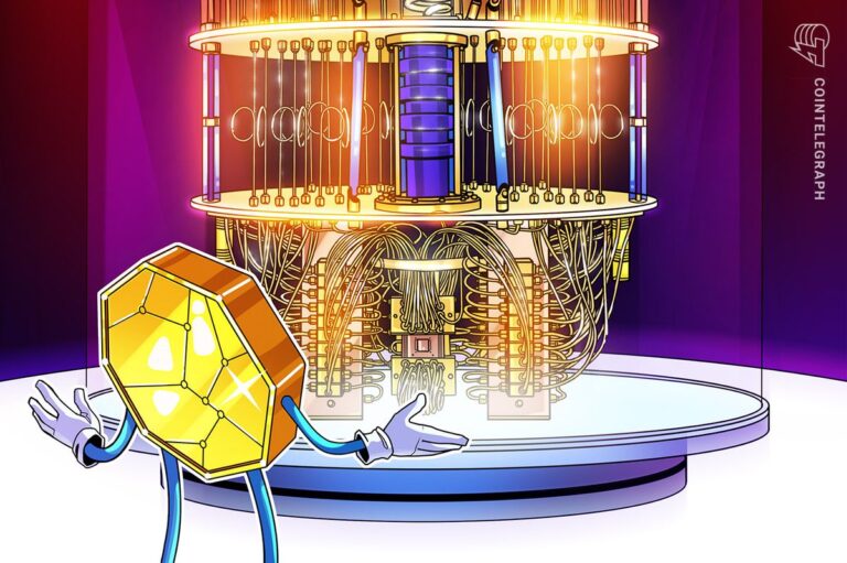 Symbolbild einer Ethereum-Münze vor einem futuristischen Quantencomputer-Hintergrund