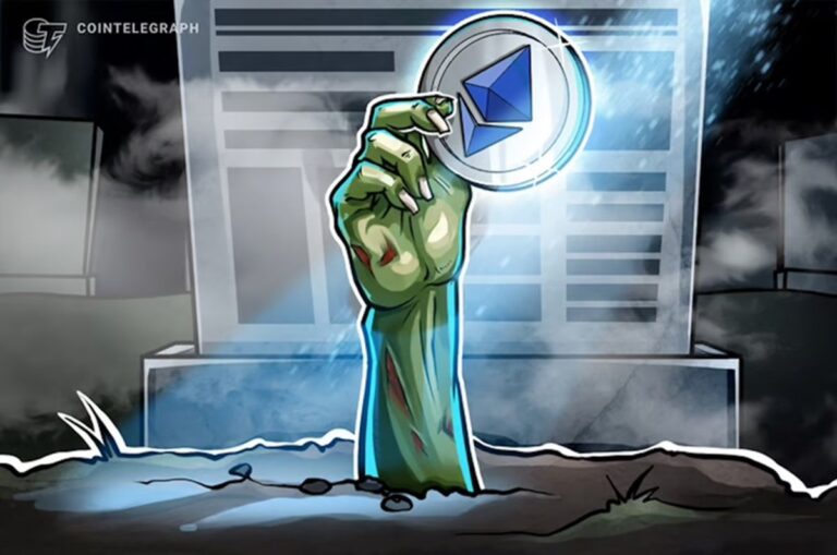 Ein roter Abwärtspfeil über einer Ethereum-Münze vor einem dunklen Hintergrund mit Kurs-Charts.