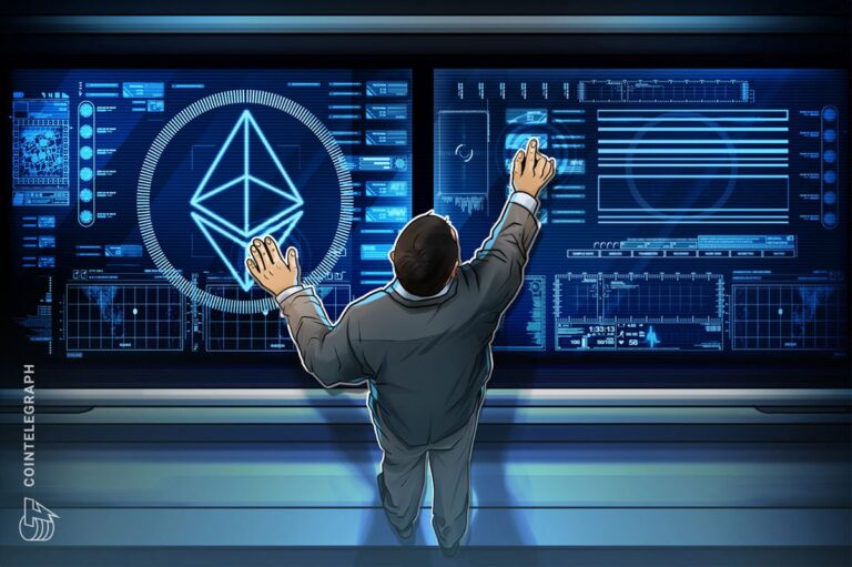 Ein roter Ethereum-Kurschart im Hintergrund, während ein Investor eine physische ETH-Münze betrachtet.