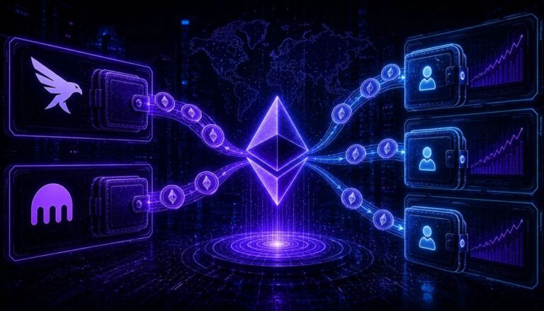Liniendiagramm des Ethereum-Kurses mit Wallet-Symbolen für Krypto-Großtransaktionen