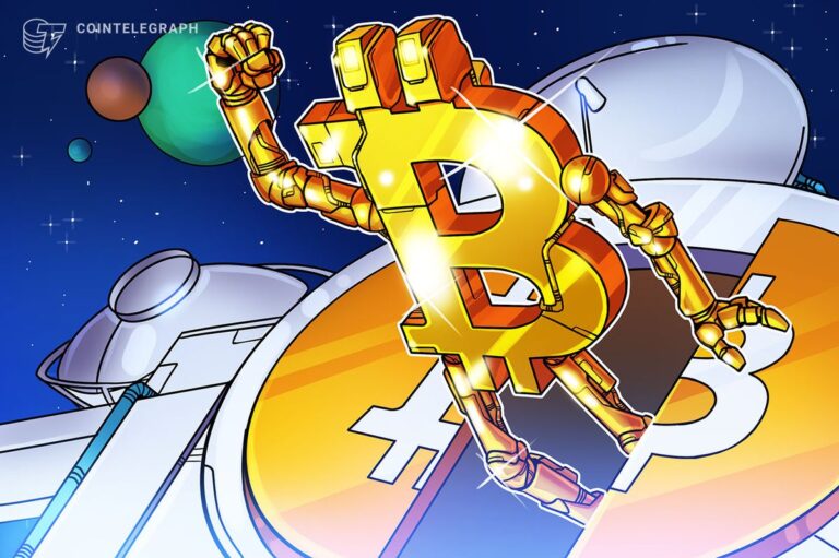 Eine goldene Bitcoin-Münze neben einem beleuchteten Server-Rack für Krypto-Mining.