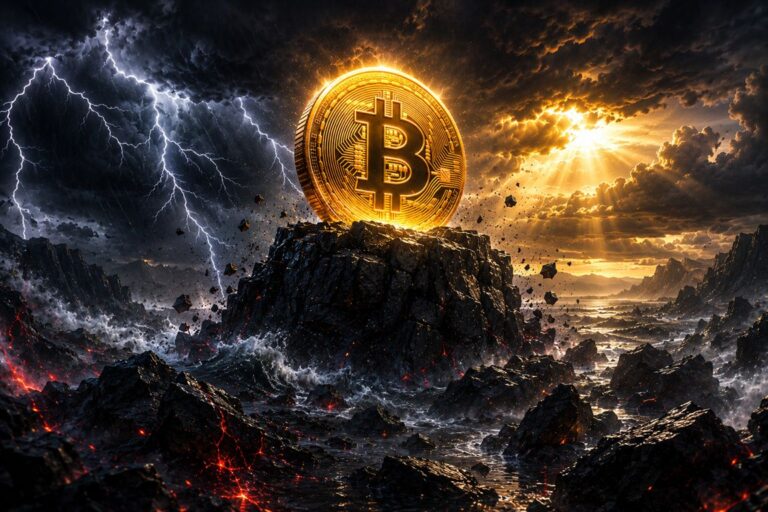 Eine physische Bitcoin-Münze auf einem steigenden Kurs-Chart vor dem Logo des Vermögensverwalters Franklin Templeton