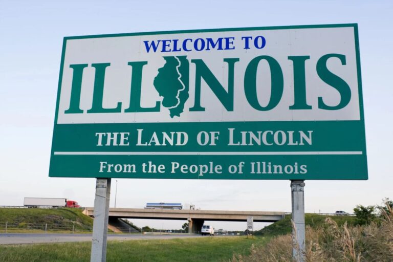 Eine Bitcoin-Münze neben Steuerdokumenten und der Flagge des US-Bundesstaates Illinois.