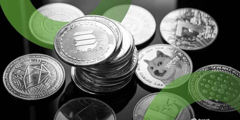 Ein digitaler Trading-Chart mit den Logos von XRP, Solana und Ethereum
