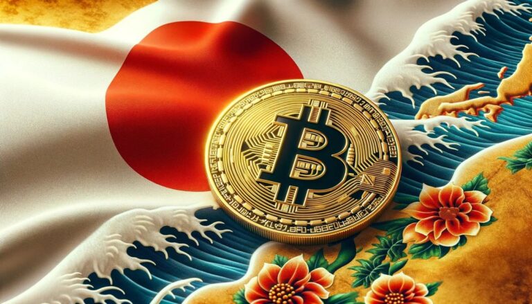 Japanische Yen-Münzen liegen leuchtend auf einem digitalen Blockchain-Netzwerk