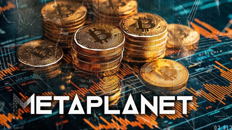 Eine physische Bitcoin-Münze vor einem roten Aktien-Chart und einem grünen Krypto-Chart