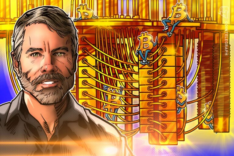 Porträt von Michael Saylor neben einer physischen Bitcoin-Münze und einem aufwärts gerichteten Kurs-Chart