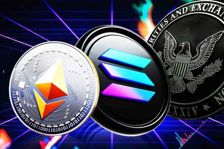 Dokumenten-Ordner mit den Logos von Morgan Stanley, Ethereum und Solana neben einem Kurs-Chart.