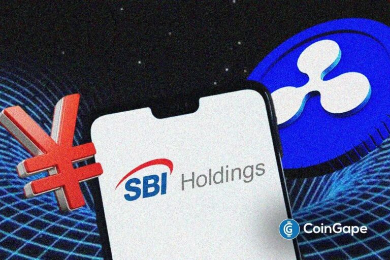 Ripple-Logo neben japanischen Yen-Münzen und dem Firmenschild von SBI Holdings
