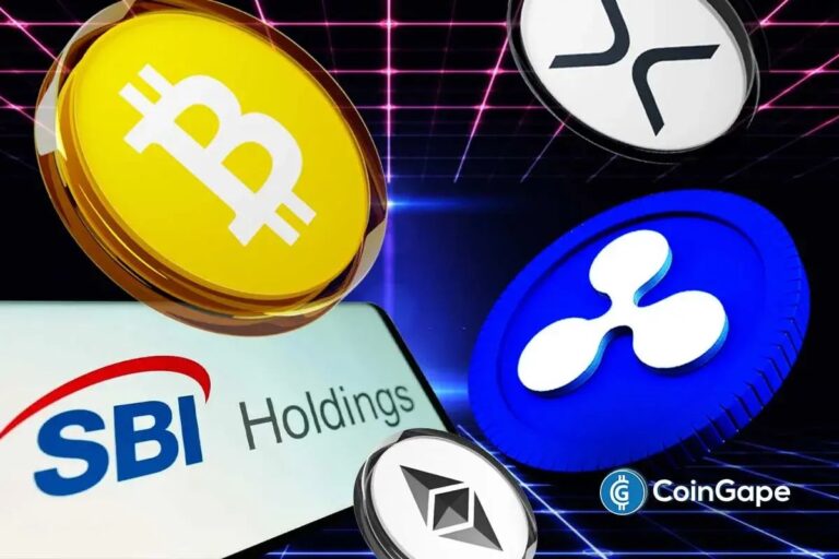 Logos von Bitcoin, Ethereum und XRP vor dem Hintergrund einer Bankfassade