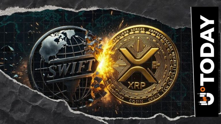 Ripple Logo und Swift Schriftzug vor einem digitalen Hintergrund mit ISO 20022 Datenströmen