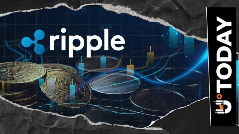 Eine XRP-Münze neben einem futuristischen Roboterarm auf einem digitalen Netzwerk-Hintergrund