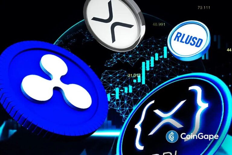 Eine abstrakte Darstellung von künstlicher Intelligenz, die mit einer XRP-Münze und dem Mastercard-Logo interagiert.