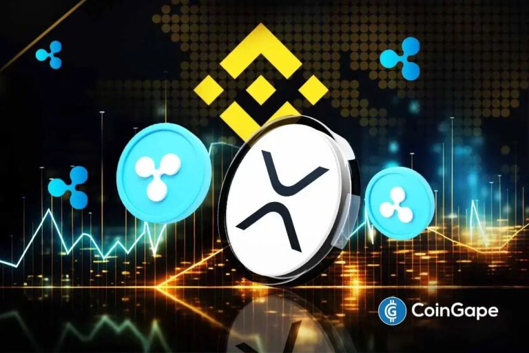 Physische XRP-Münze vor einem Chart mit dem Logo der Kryptobörse Binance im Hintergrund