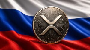 Die Zentrale der russischen Zentralbank mit Symbolen von Bitcoin, Ethereum und USDT davor