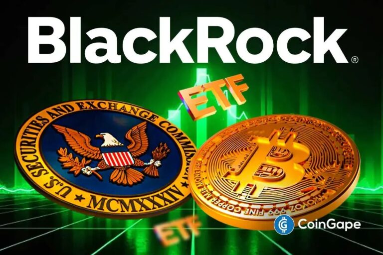 Logo von BlackRock vor dem Hauptquartier der US-Börsenaufsicht SEC und einer leuchtenden Bitcoin-Münze