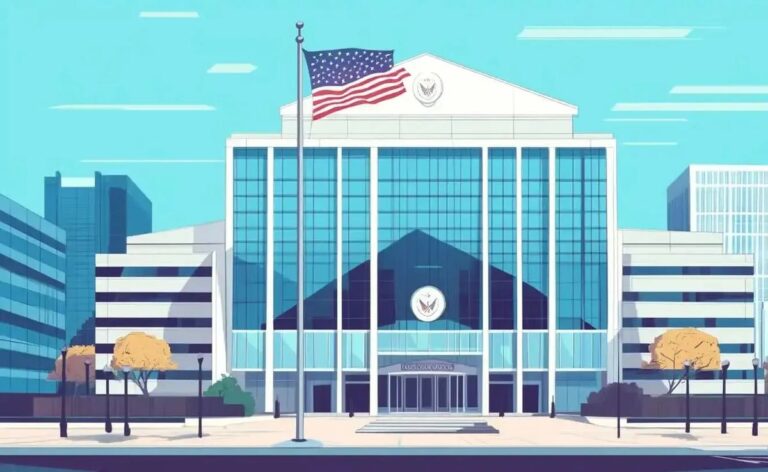 Das Siegel der US-Börsenaufsicht SEC vor einem digitalen Krypto-Kurschart