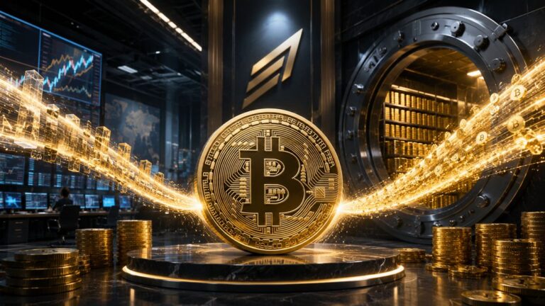 Bitcoin-Münze vor einem ansteigenden Kurs-Chart und dem Logo eines Finanzunternehmens