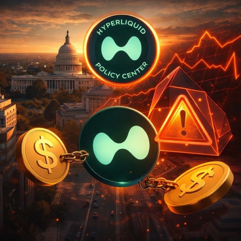 Goldene Tether-Münze vor dem Gebäude des US-Finanzministeriums in Washington D.C.