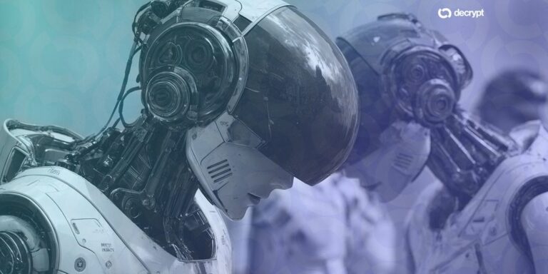 Ein humanoider Roboter neben dem Tether-Logo auf einem digitalen Hintergrund