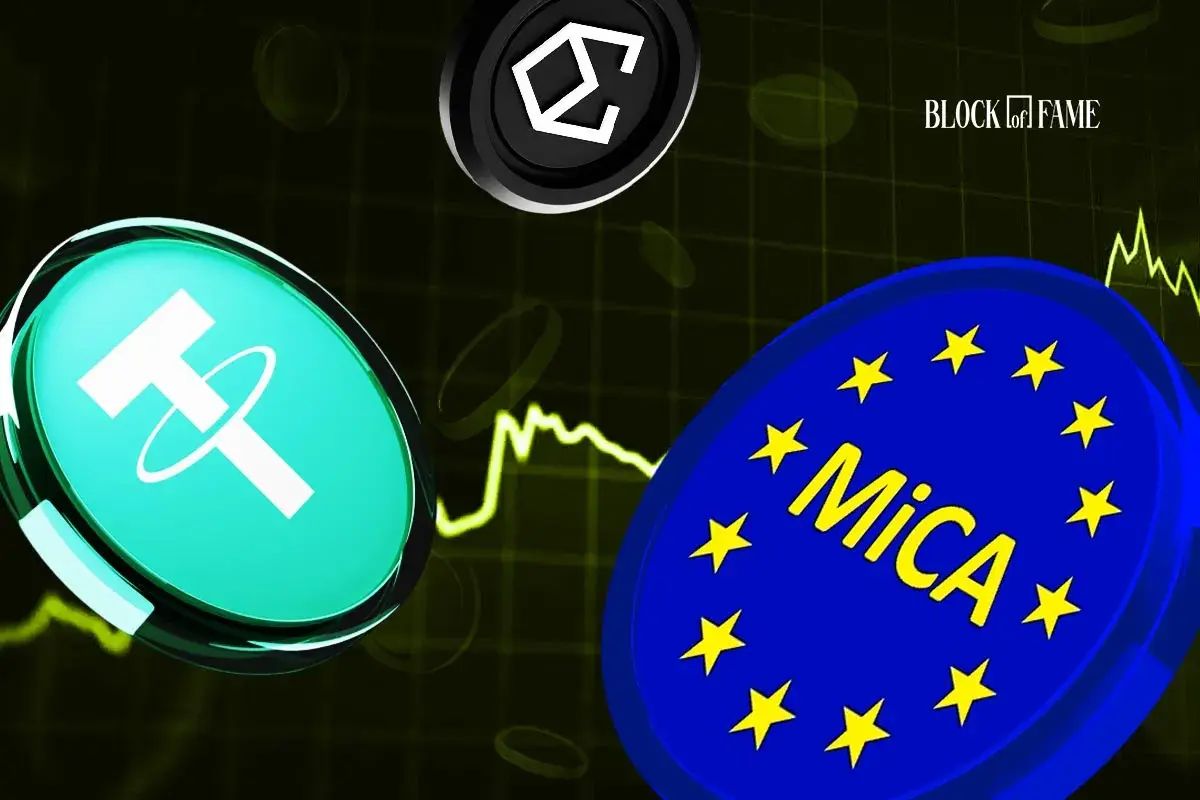 Eine Tether-Münze vor einem europäischen Flaggenhintergrund mit einem Kurs-Chart