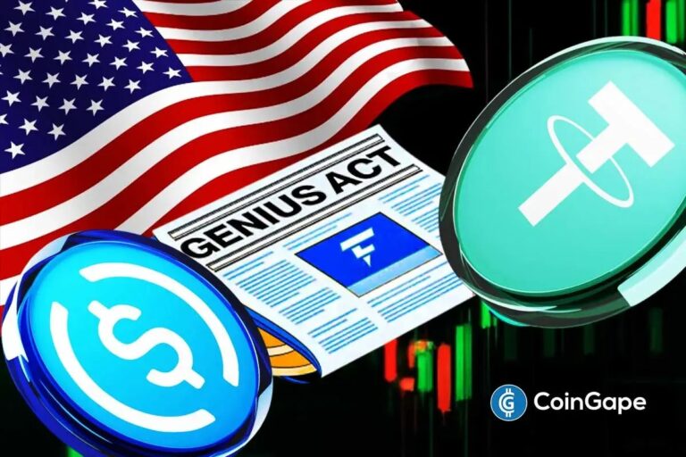 Eine Tether-Münze vor dem US-Kapitol, symbolisch für die neue Stablecoin-Regulierung in den Vereinigten Staaten