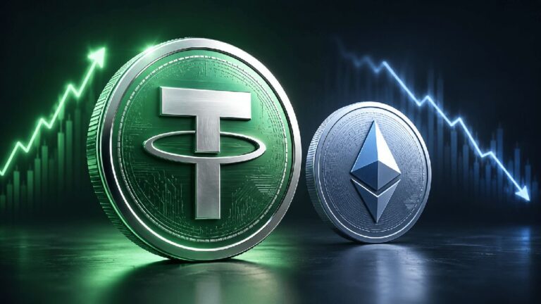 Ein Kurs-Chart, der den Aufstieg des Tether-Stablecoins und den parallelen Kursverfall von Ethereum symbolisiert.