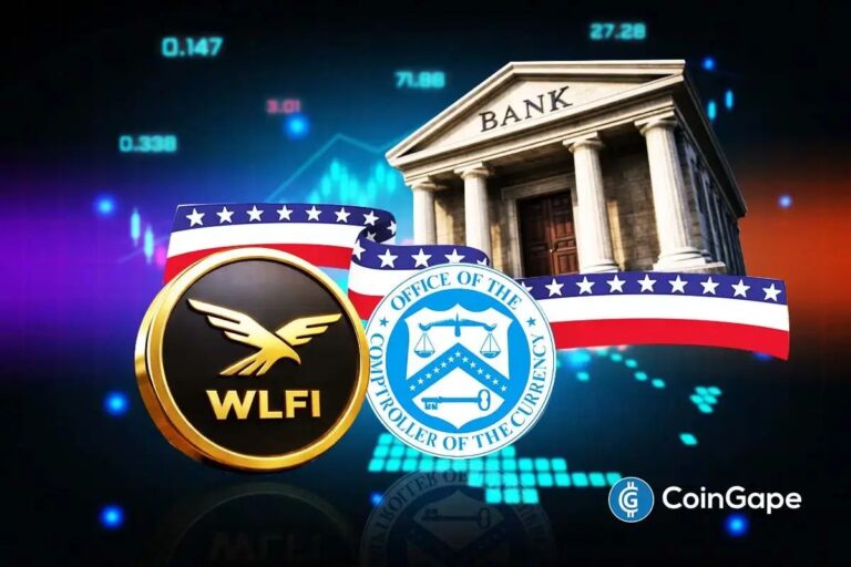 Das Siegel des OCC neben einem digitalen Token und dem Logo von World Liberty Financial