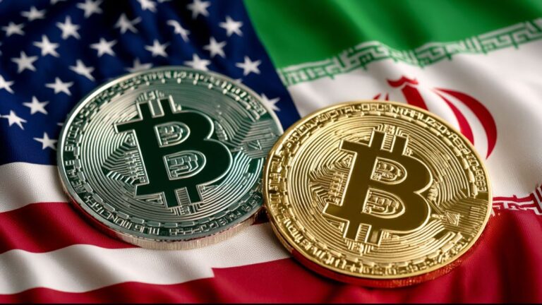 Eine Darstellung von US-Dollar, einem Richterhammer und dem Tether-Logo vor einer iranischen Flagge