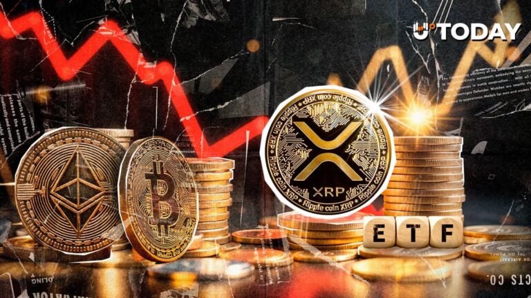 Eine leuchtende XRP-Münze vor einem steigenden Kurs-Chart im Kontrast zu einem fallenden Bitcoin-Symbol.