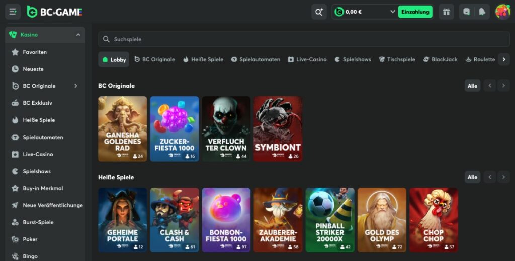 Ansicht der BC Game Casinoumgebung, hier die Lobby mit beliebtesten Spielen in der Übersicht.
